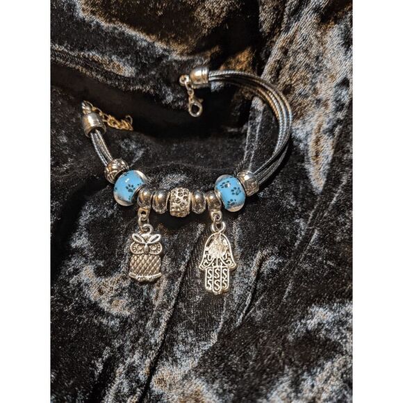NEW CHUNS PANDORA LIKE BRACELET - HAMSA HAND & OWL - DOG PAW BEADS - Picture 4 of 6